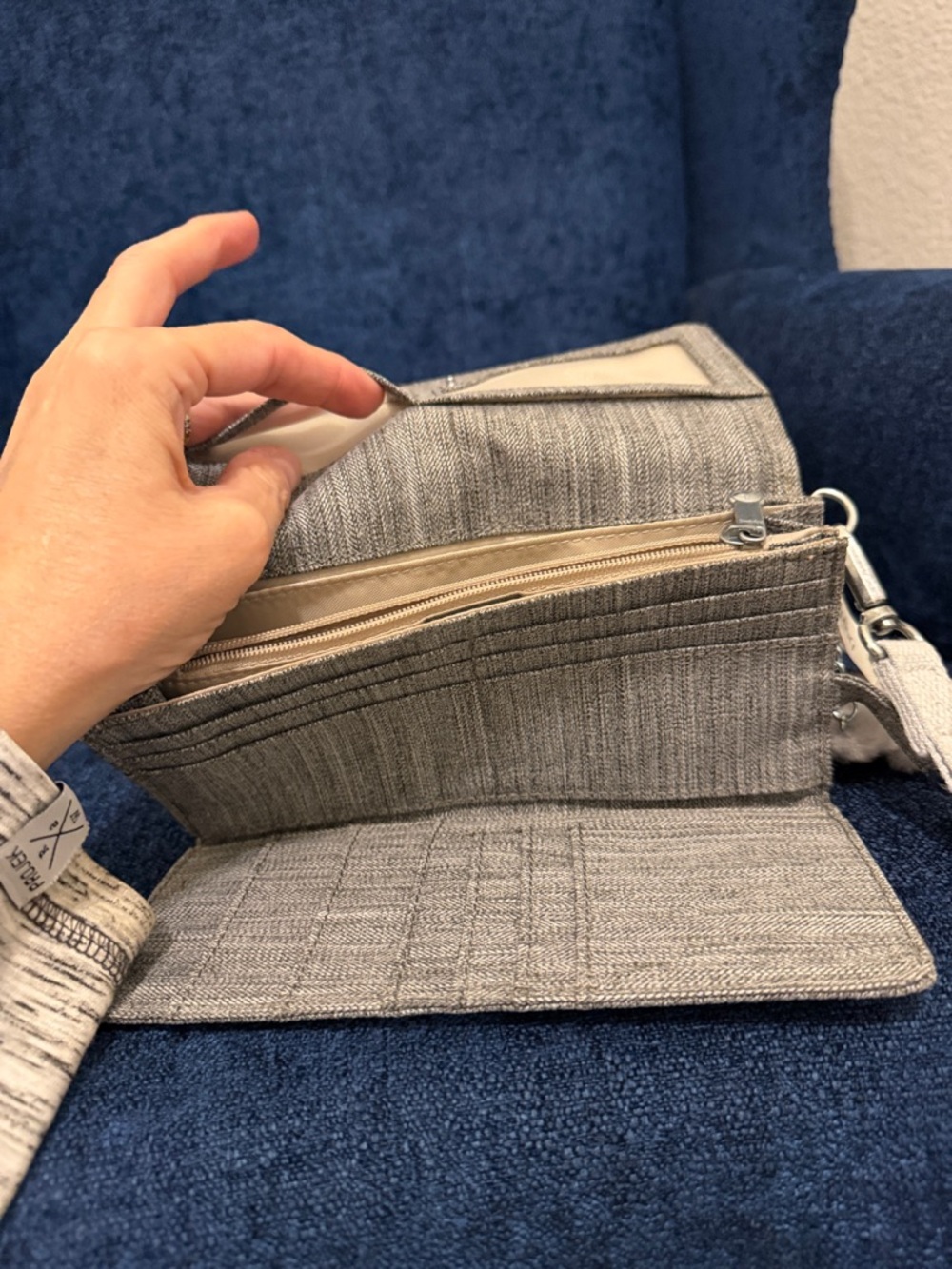 Kipling Light Gray Textured Clutch Wristlet with Pom Keychain - Picture 11 of 14